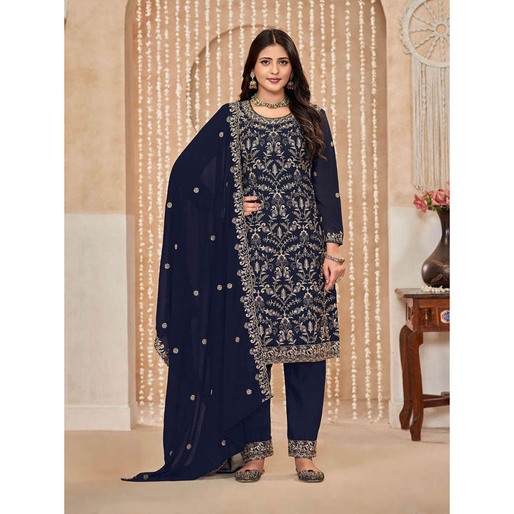 Odette Navy Blue Georgette Semi Stitched Kurta with Pant and Dupatta for Women (Set of 3)