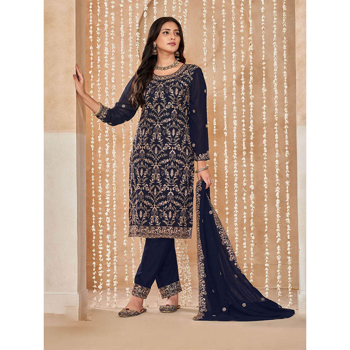 Odette Navy Blue Georgette Semi Stitched Kurta with Pant and Dupatta for Women (Set of 3)