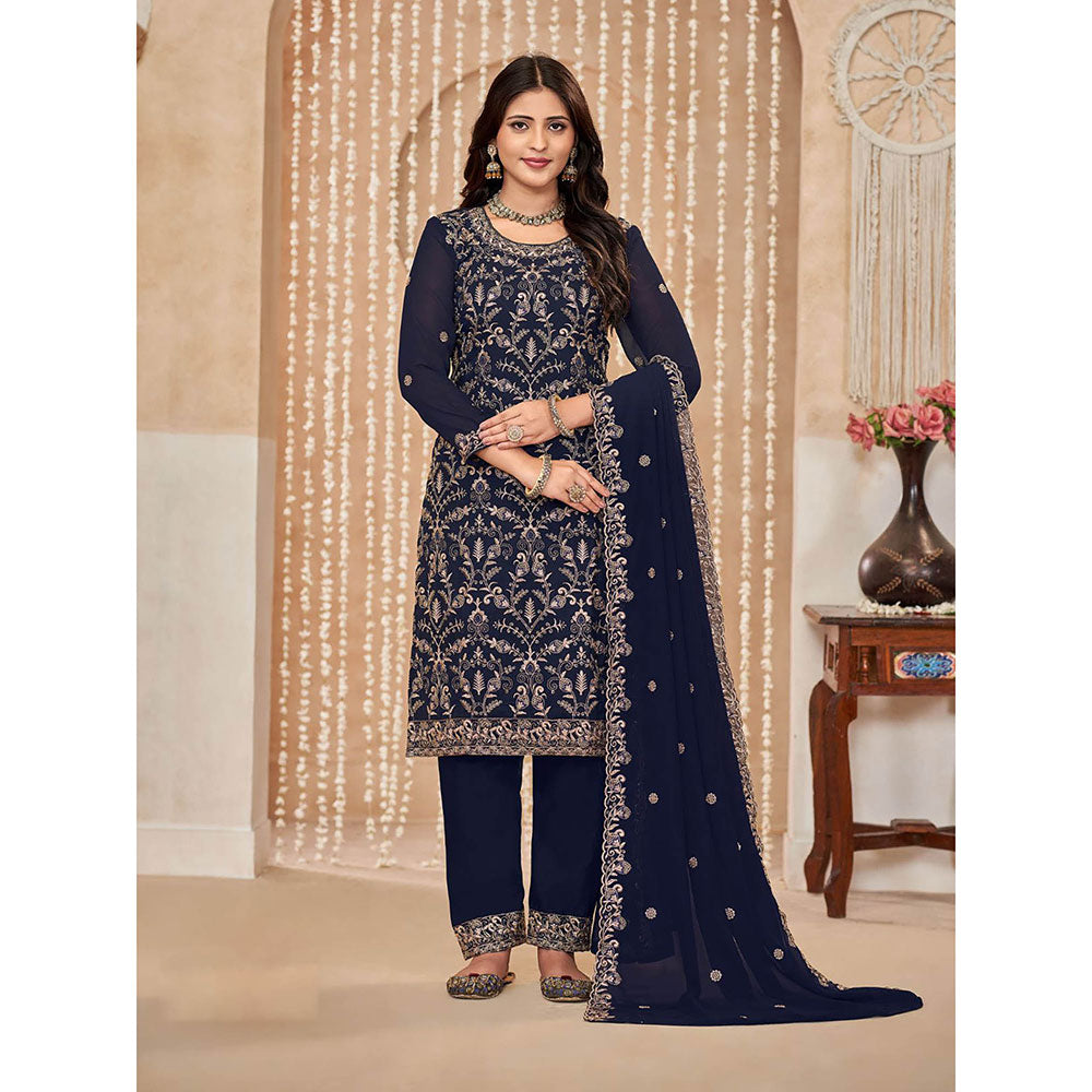 Odette Navy Blue Georgette Semi Stitched Kurta with Pant and Dupatta for Women (Set of 3)