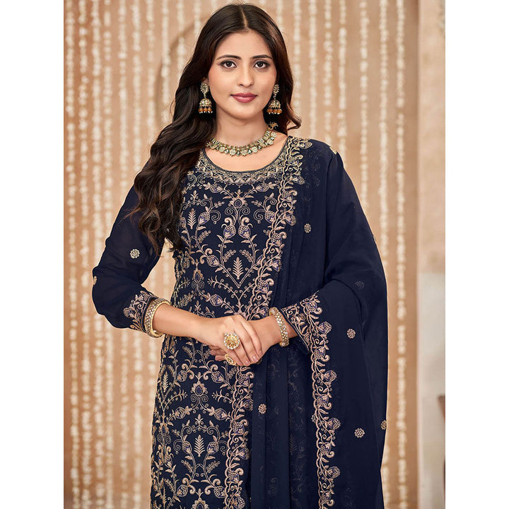 Odette Navy Blue Georgette Semi Stitched Kurta with Pant and Dupatta for Women (Set of 3)