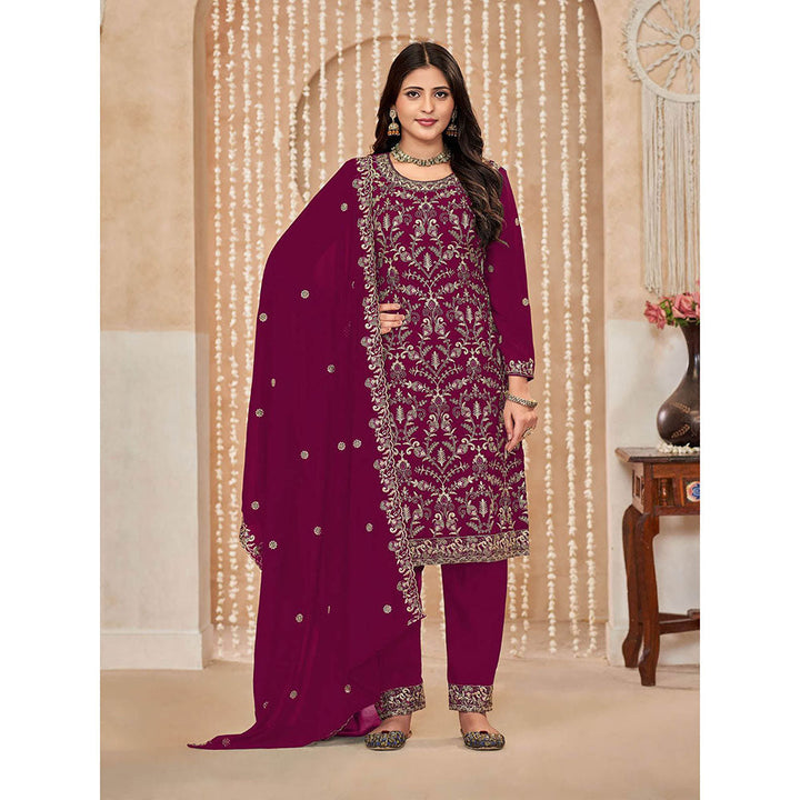 Odette Wine Georgette Semi Stitched Kurta with Pant and Dupatta for Women (Set of 3)