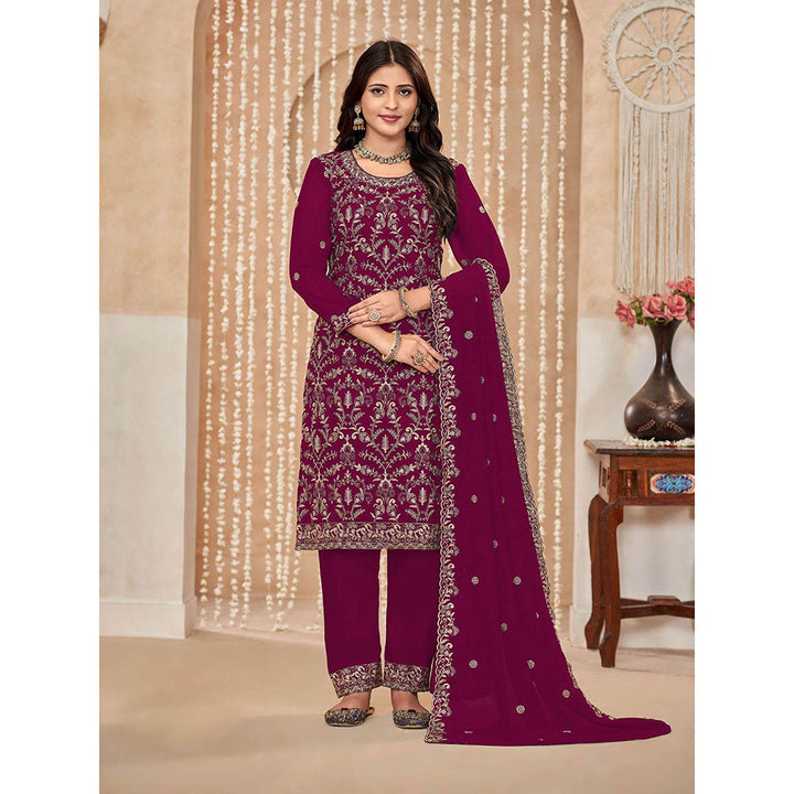 Odette Wine Georgette Semi Stitched Kurta with Pant and Dupatta for Women (Set of 3)