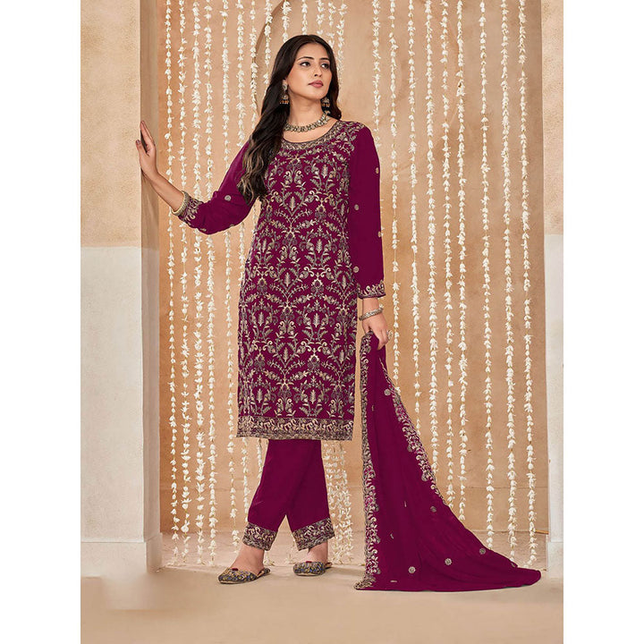 Odette Wine Georgette Semi Stitched Kurta with Pant and Dupatta for Women (Set of 3)