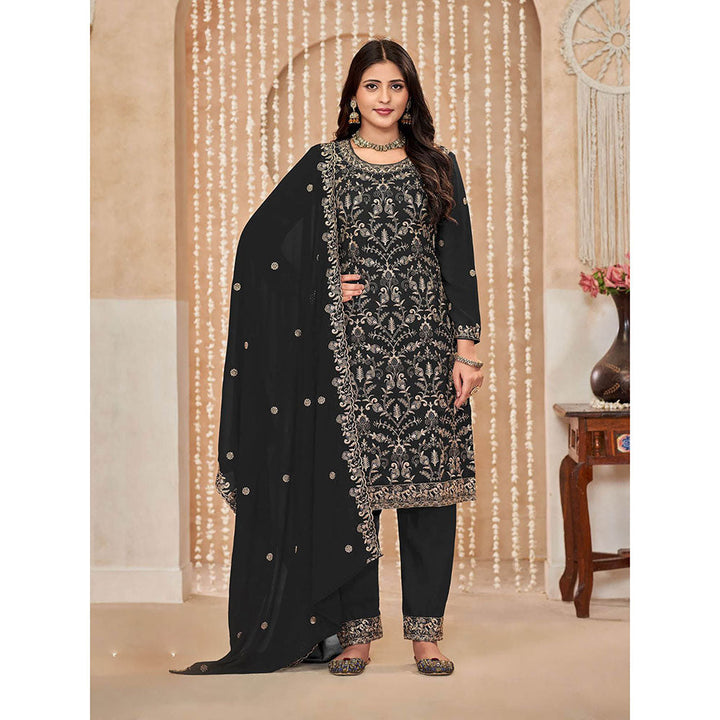 Odette Black Georgette Semi Stitched Kurta with Pant and Dupatta for Women (Set of 3)