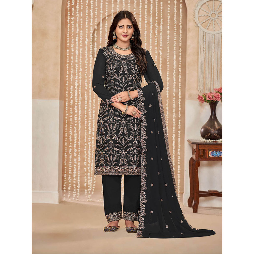 Odette Black Georgette Semi Stitched Kurta with Pant and Dupatta for Women (Set of 3)