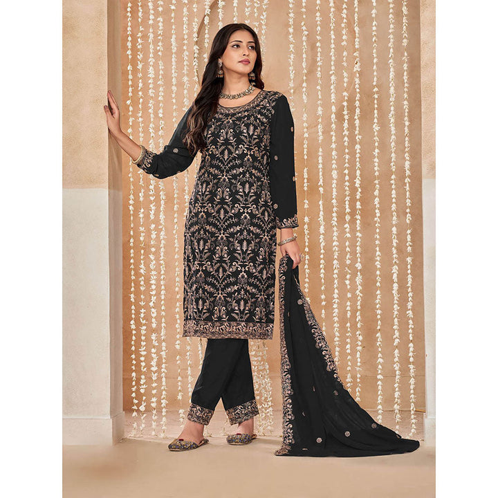 Odette Black Georgette Semi Stitched Kurta with Pant and Dupatta for Women (Set of 3)