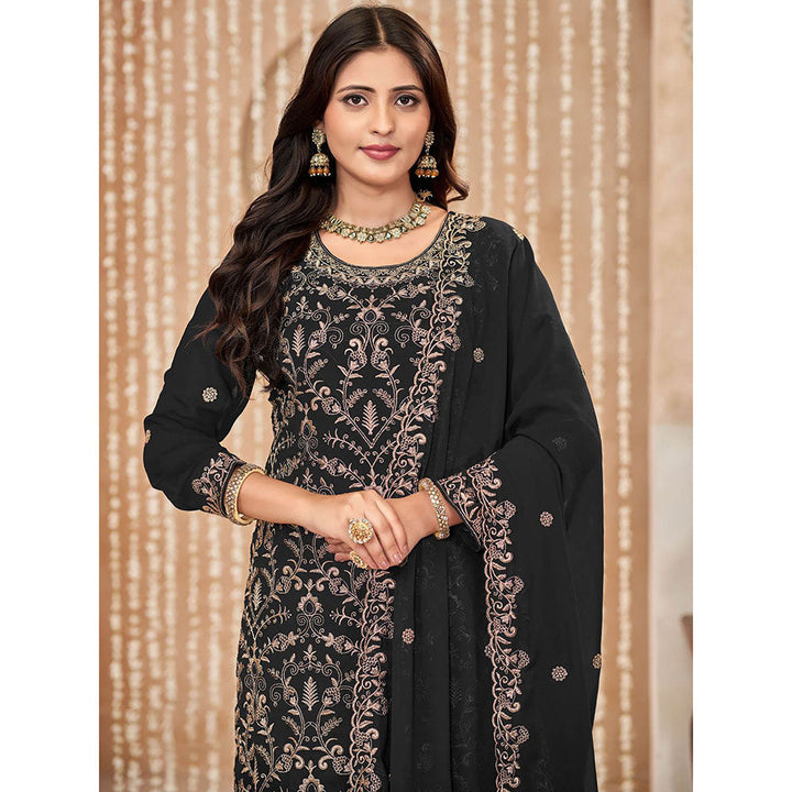 Odette Black Georgette Semi Stitched Kurta with Pant and Dupatta for Women (Set of 3)