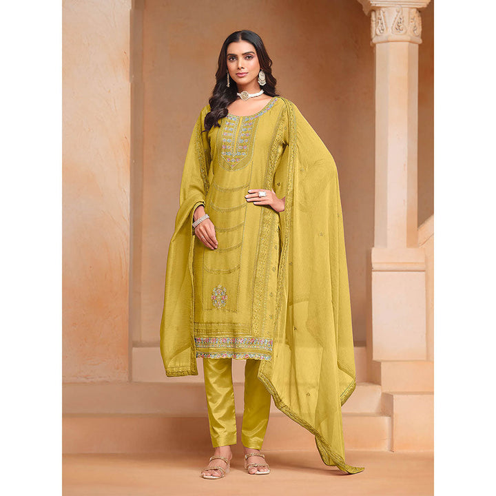 Odette Yellow Organza Semi Stitched Kurta with Pant and Dupatta for Women (Set of 3)