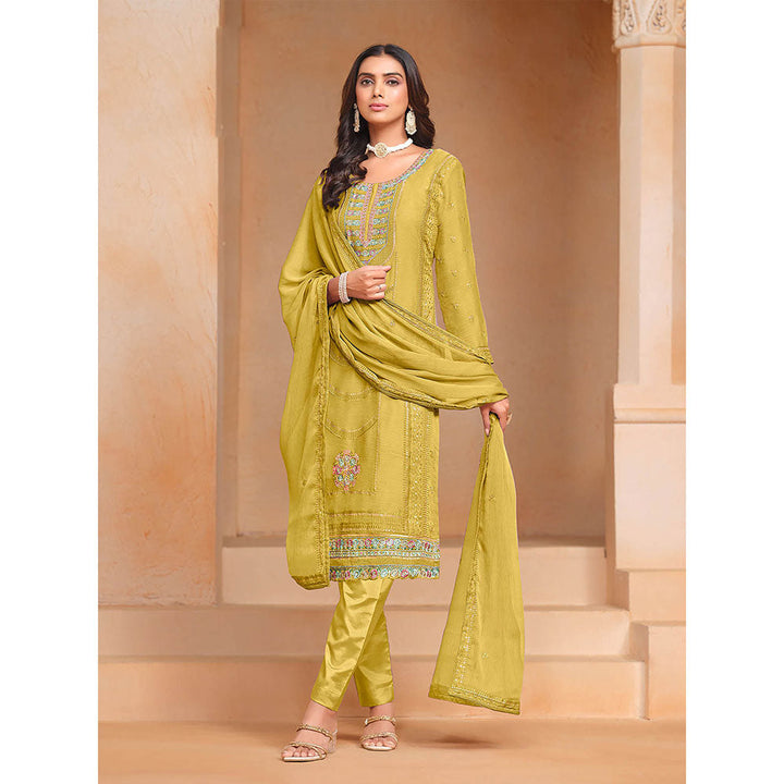 Odette Yellow Organza Semi Stitched Kurta with Pant and Dupatta for Women (Set of 3)