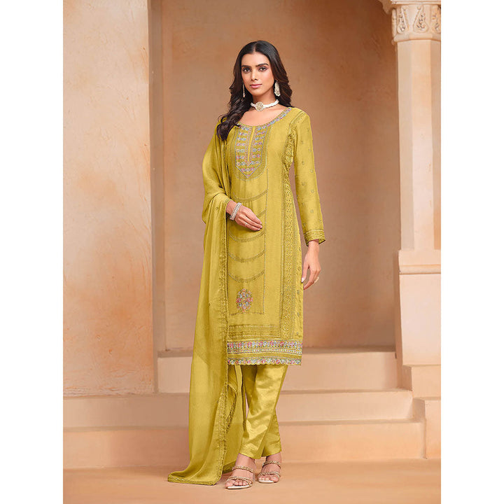 Odette Yellow Organza Semi Stitched Kurta with Pant and Dupatta for Women (Set of 3)