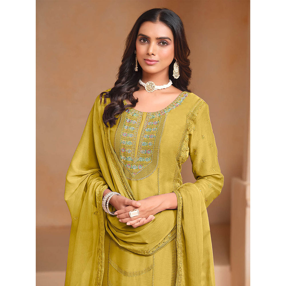 Odette Yellow Organza Semi Stitched Kurta with Pant and Dupatta for Women (Set of 3)