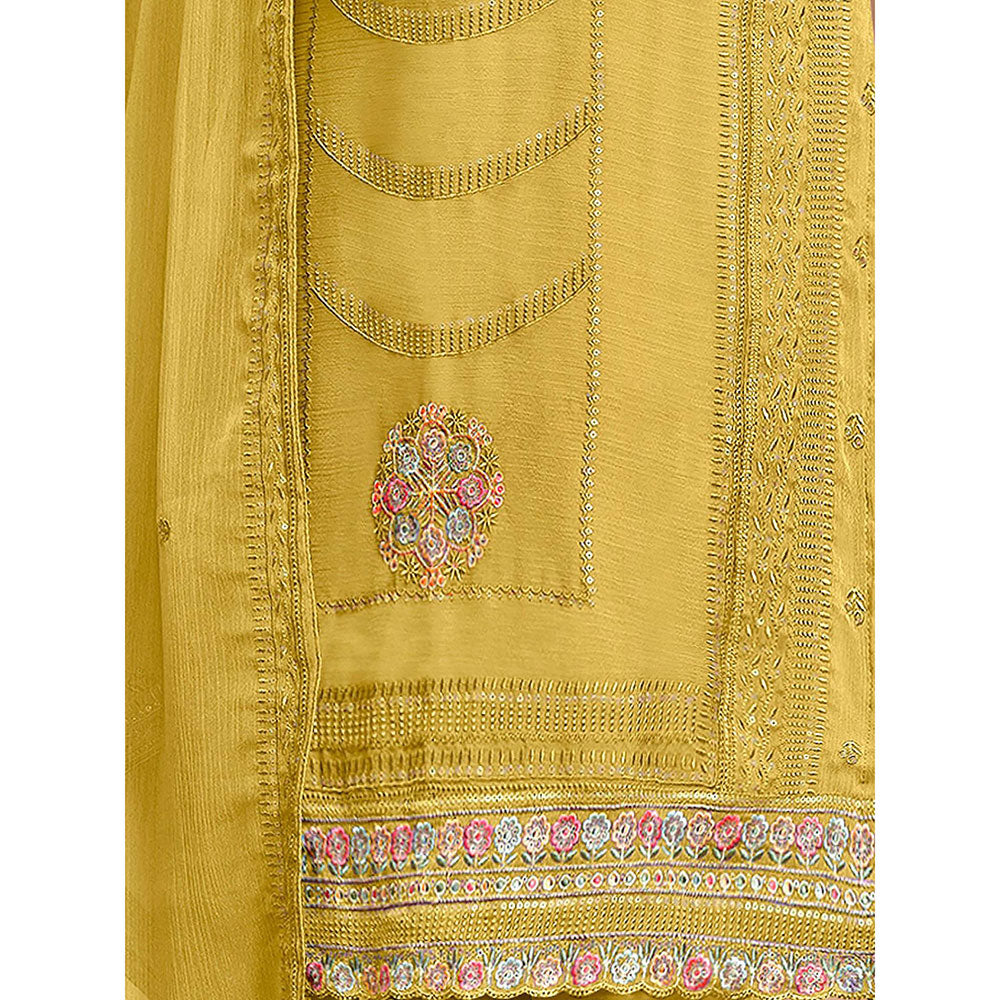 Odette Yellow Organza Semi Stitched Kurta with Pant and Dupatta for Women (Set of 3)