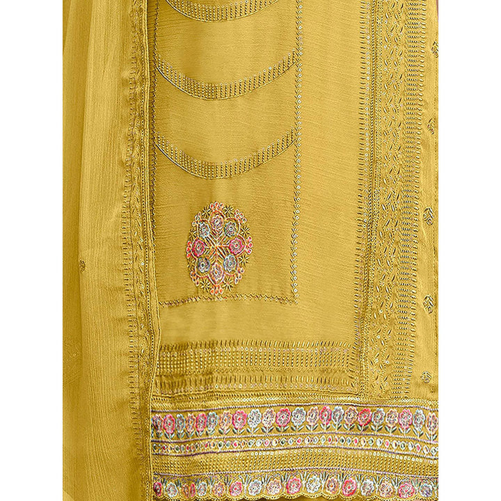 Odette Yellow Organza Semi Stitched Kurta with Pant and Dupatta for Women (Set of 3)