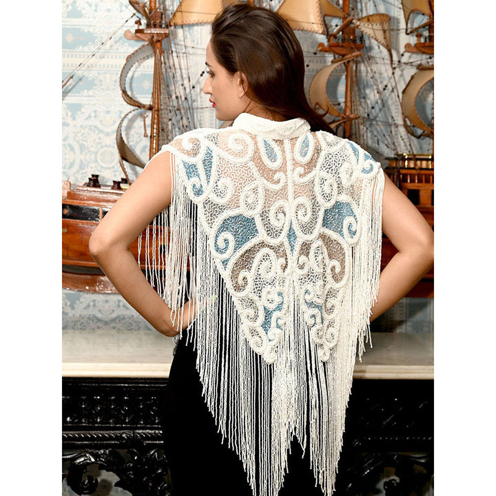 Odette White & Blue Embroidered Beads Cape for Women