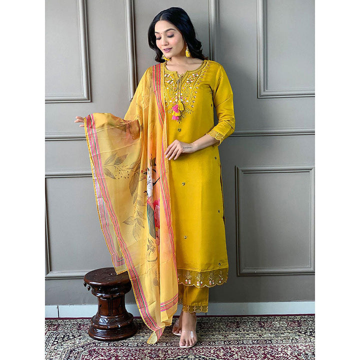 Odette Women Yellow Embroidered Kurta with Pant and Dupatta (Set of 3)