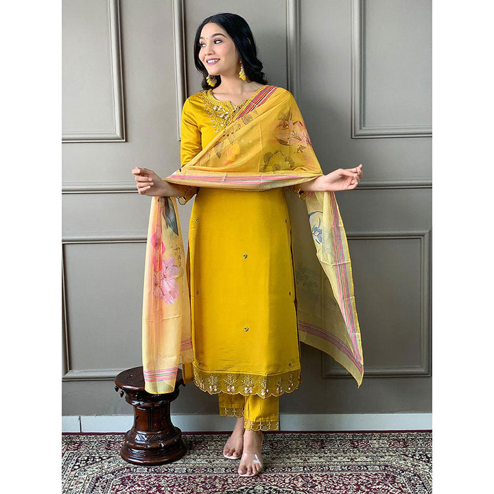 Odette Women Yellow Embroidered Kurta with Pant and Dupatta (Set of 3)