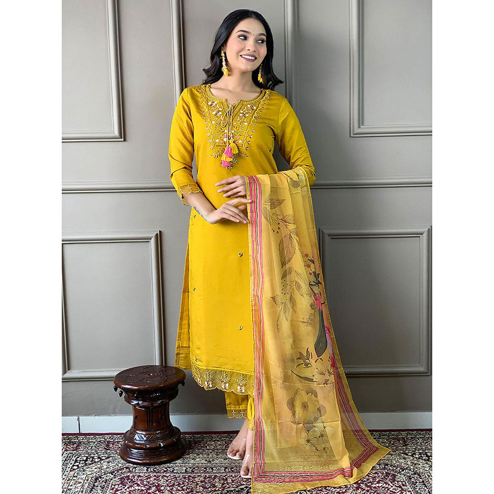 Odette Women Yellow Embroidered Kurta with Pant and Dupatta (Set of 3)