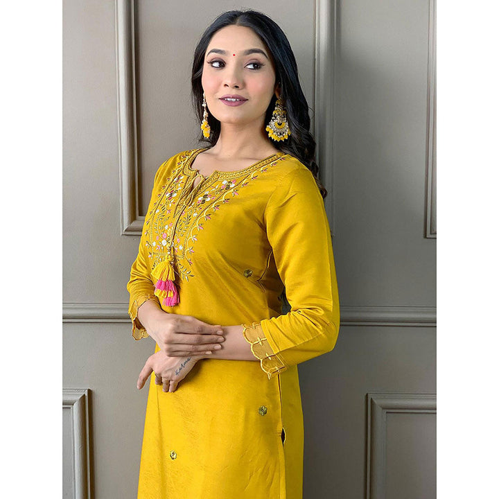 Odette Women Yellow Embroidered Kurta with Pant and Dupatta (Set of 3)