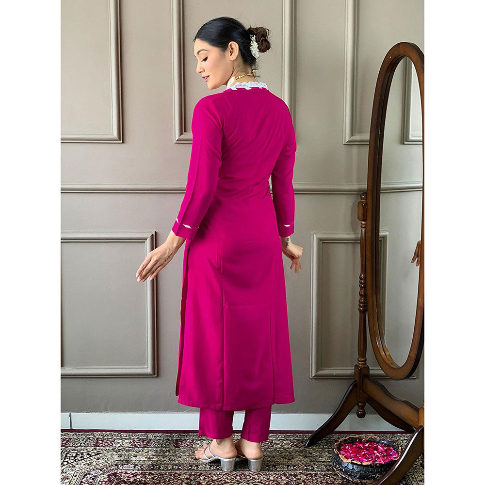 Odette Women Magenta Embroidered Kurta with Pant and Dupatta (Set of 3)