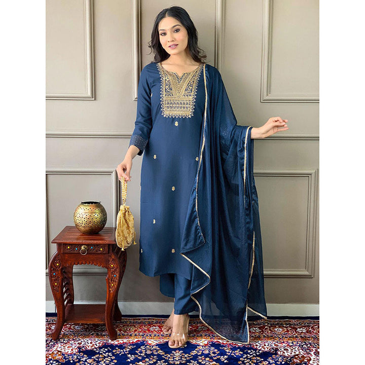 Odette Women Navy Blue Embroidered Kurta with Pant and Dupatta (Set of 3)