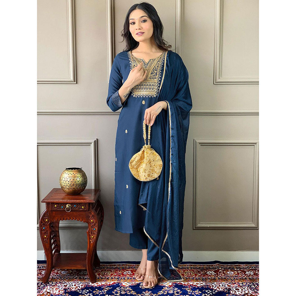 Odette Women Navy Blue Embroidered Kurta with Pant and Dupatta (Set of 3)