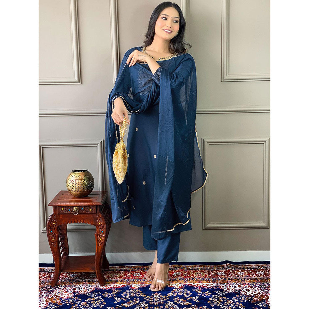 Odette Women Navy Blue Embroidered Kurta with Pant and Dupatta (Set of 3)