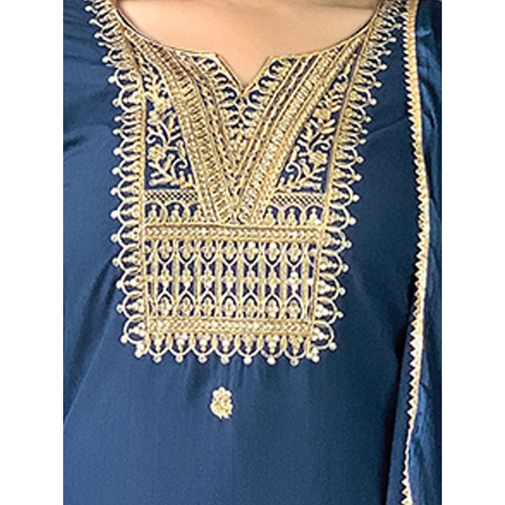 Odette Women Navy Blue Embroidered Kurta with Pant and Dupatta (Set of 3)