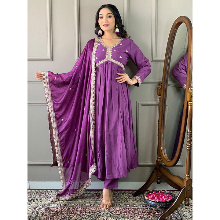 Odette Women Purple Embroidered Kurta with Pant and Dupatta (Set of 3)