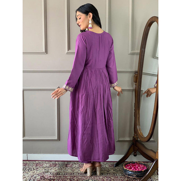 Odette Women Purple Embroidered Kurta with Pant and Dupatta (Set of 3)