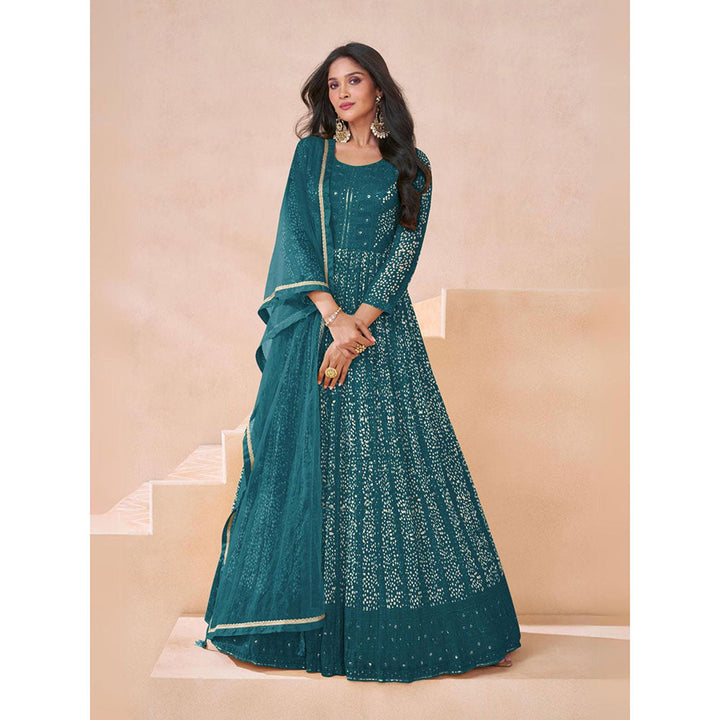 Odette Teal Georgette Embellished Semi Stitched Anarkali Kurta Set for Women (Set of 3)