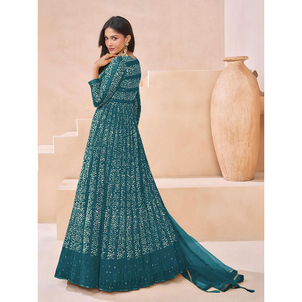 Odette Teal Georgette Embellished Semi Stitched Anarkali Kurta Set for Women (Set of 3)