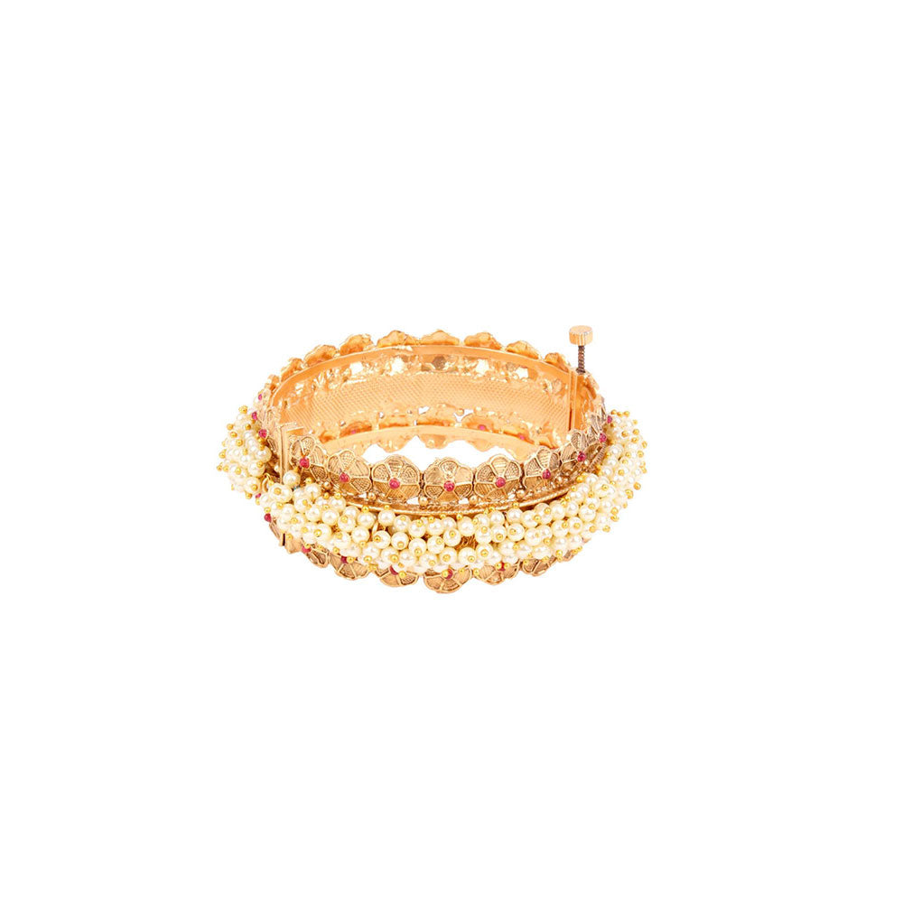 Odette Gold Faux Pearl Embellished Bangles for Women - Set of 2