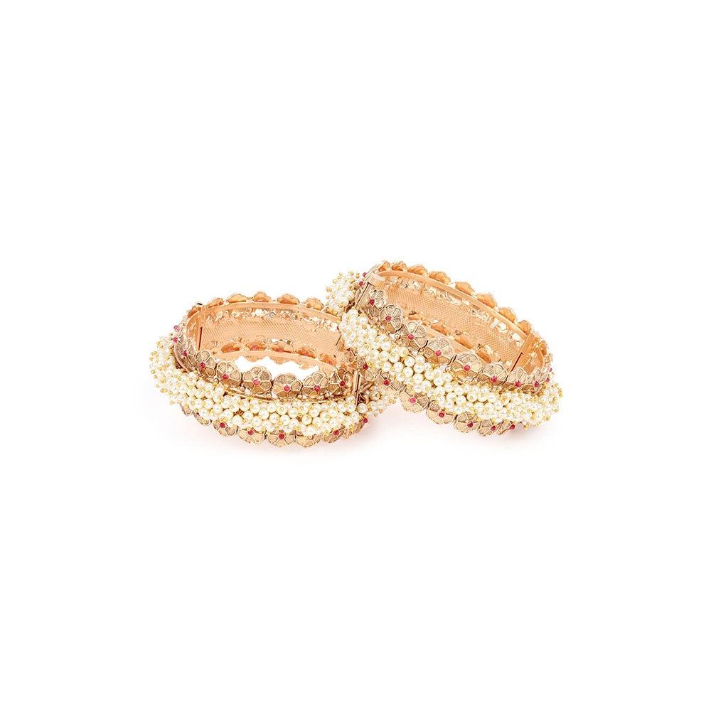 Odette Gold Faux Pearl Embellished Bangles for Women - Set of 2