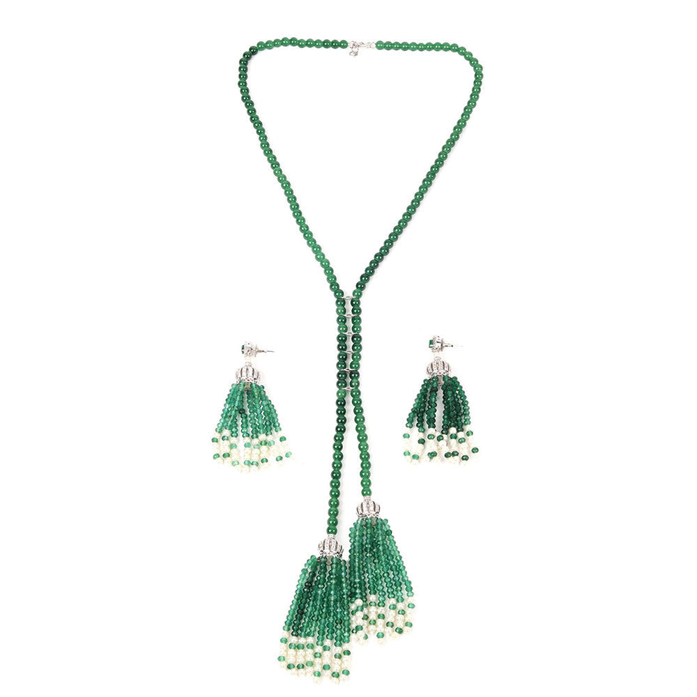 Odette Green Faux Pearl Long Necklace with Pair of Earrings for Women