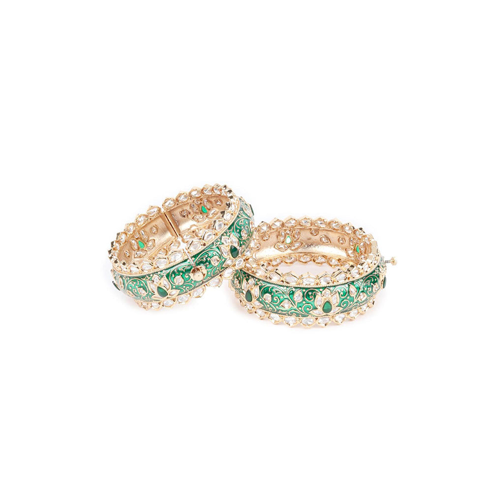 Odette Green Gold Plated Kundan Bangles for Women