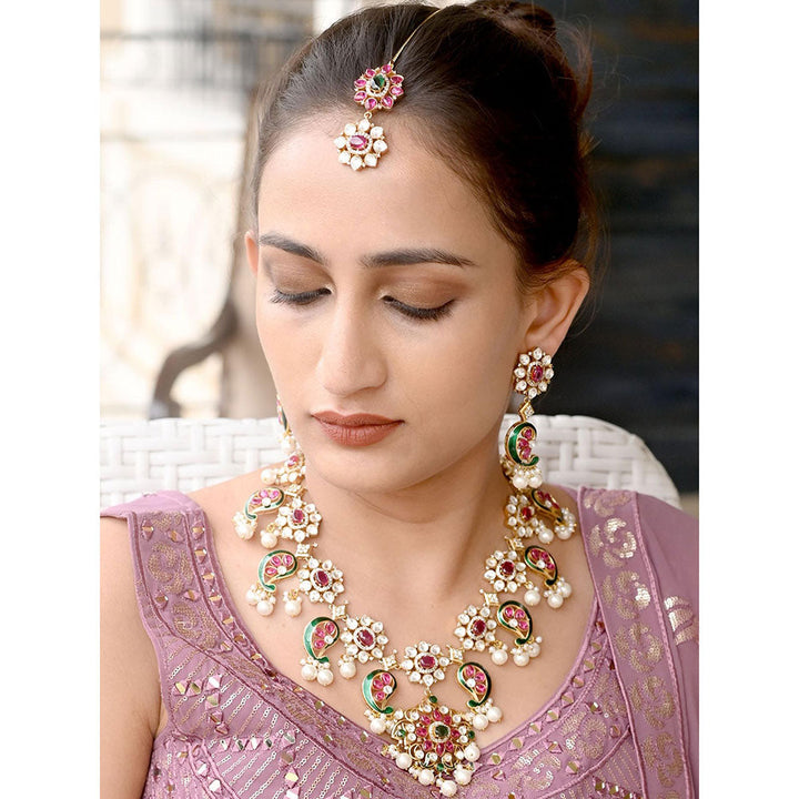 Odette Pink Mixed Metal Embellished Gold Plated Neckpiece with Earrings & Maangtikka for Women