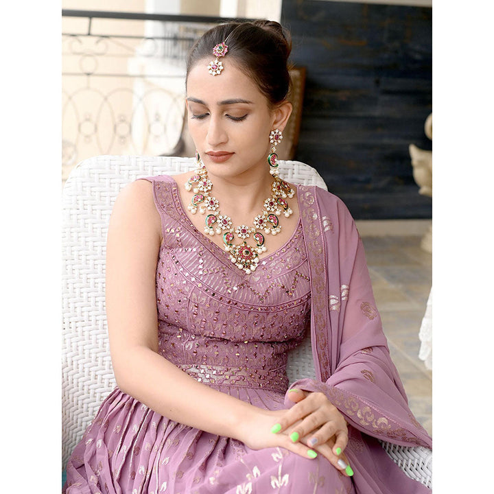 Odette Pink Mixed Metal Embellished Gold Plated Neckpiece with Earrings & Maangtikka for Women