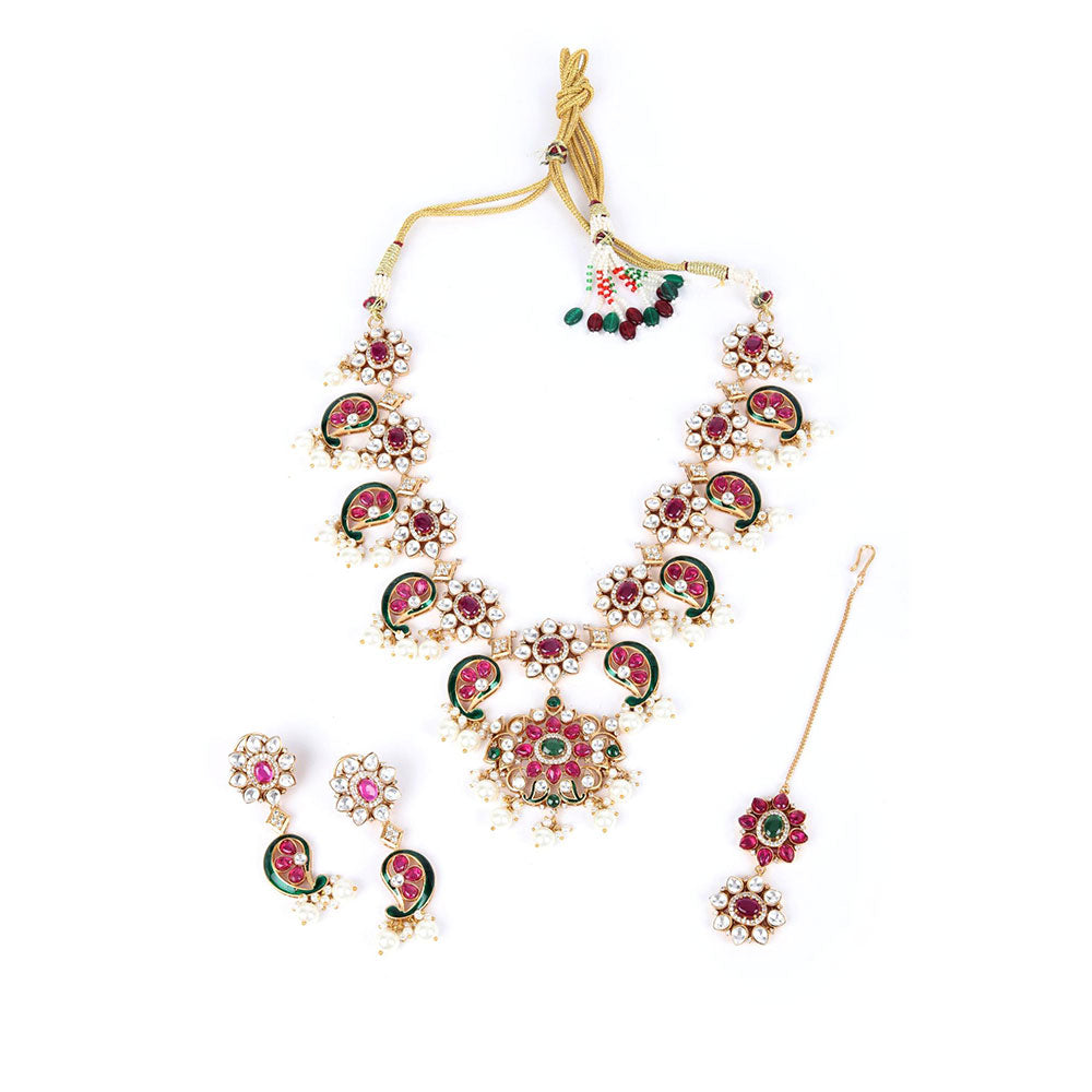 Odette Pink Mixed Metal Embellished Gold Plated Neckpiece with Earrings & Maangtikka for Women