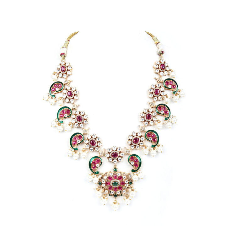 Odette Pink Mixed Metal Embellished Gold Plated Neckpiece with Earrings & Maangtikka for Women