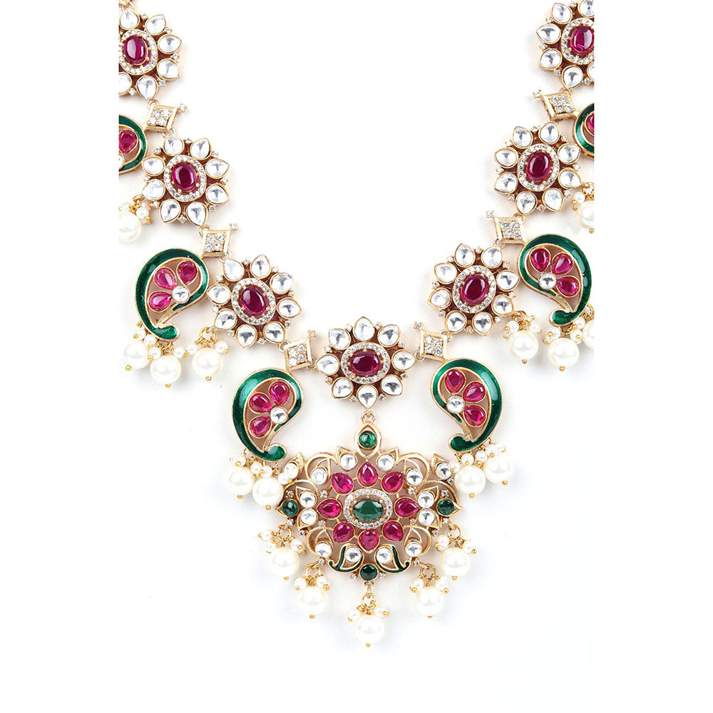 Odette Pink Mixed Metal Embellished Gold Plated Neckpiece with Earrings & Maangtikka for Women