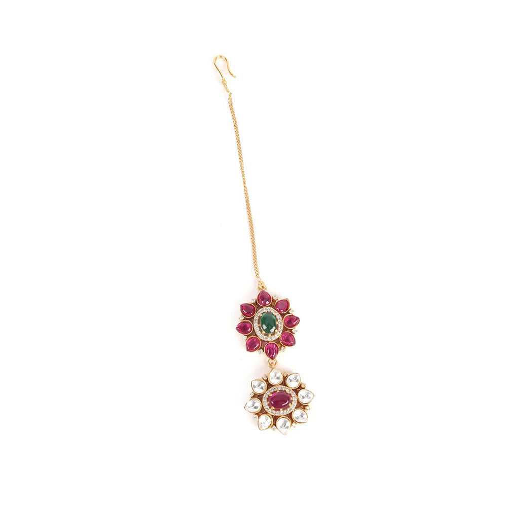 Odette Pink Mixed Metal Embellished Gold Plated Neckpiece with Earrings & Maangtikka for Women