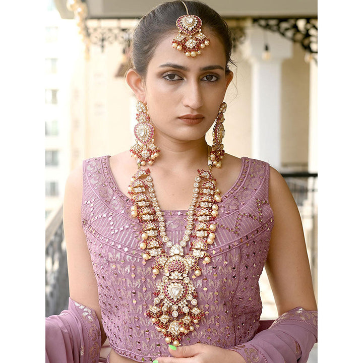 Odette Red Mixed Metal Embellished Gold Plated Neckpiece with Earrings & Maangtikka for Women