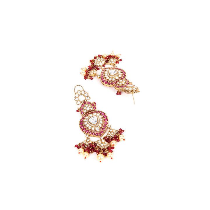 Odette Red Mixed Metal Embellished Gold Plated Neckpiece with Earrings & Maangtikka for Women