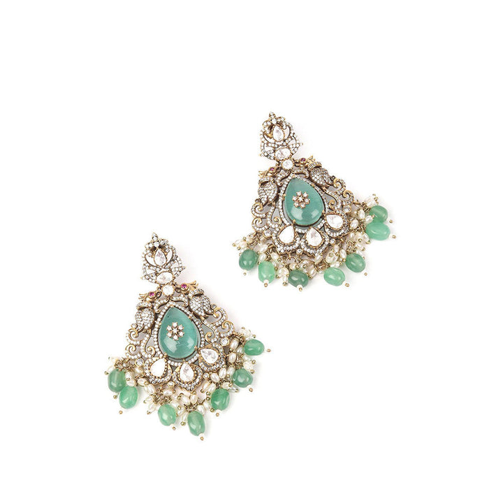 Odette Sea Green Alloy Embellished Gold Plated Neckpiece with Earrings & Maangtikka for Women