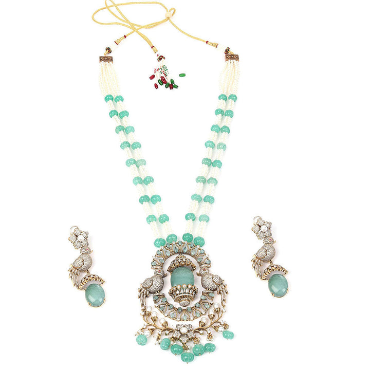 Odette Sea Green Mixed Metal Embellished Gold Plated Necklace with Earrings for Women