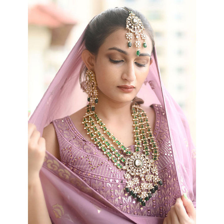 Odette Green Mixed Metal Embellished Gold Plated Neckpiece with Earrings & Maangtikka for Women