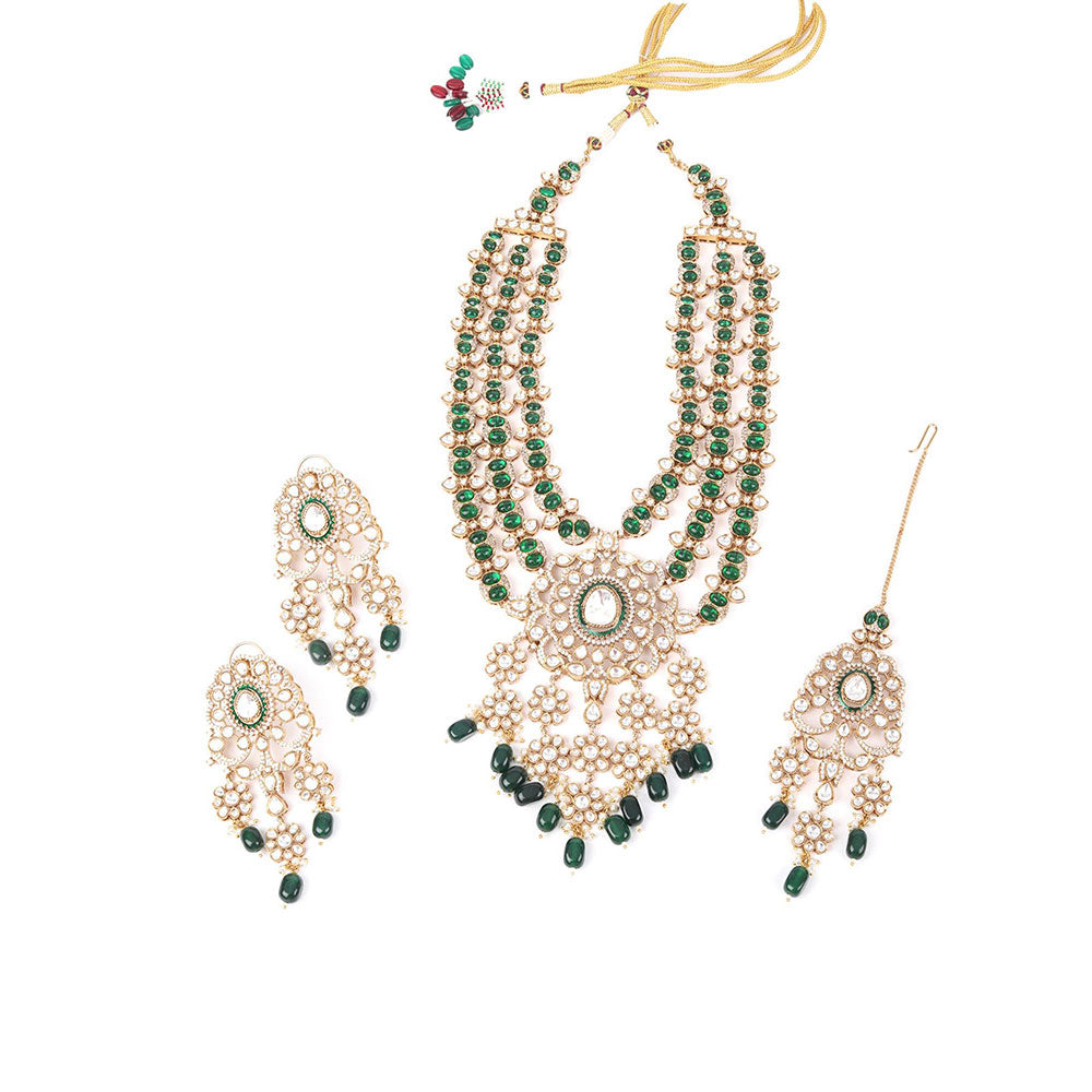 Odette Green Mixed Metal Embellished Gold Plated Neckpiece with Earrings & Maangtikka for Women