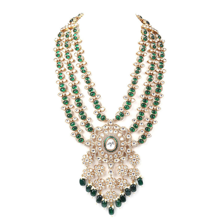 Odette Green Mixed Metal Embellished Gold Plated Neckpiece with Earrings & Maangtikka for Women