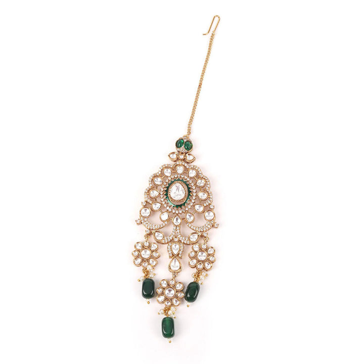 Odette Green Mixed Metal Embellished Gold Plated Neckpiece with Earrings & Maangtikka for Women