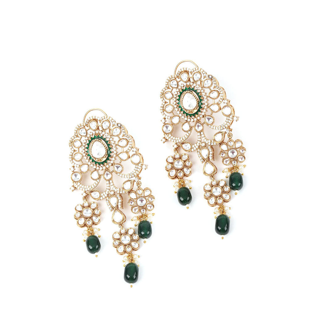 Odette Green Mixed Metal Embellished Gold Plated Neckpiece with Earrings & Maangtikka for Women